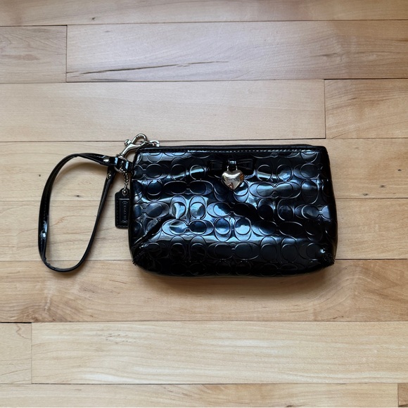 Coach Handbags - Coach Black Patent Leather Heart Charm Wristlet
